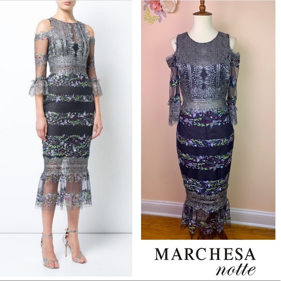 marchesa notte cold shoulder lace cocktail dress